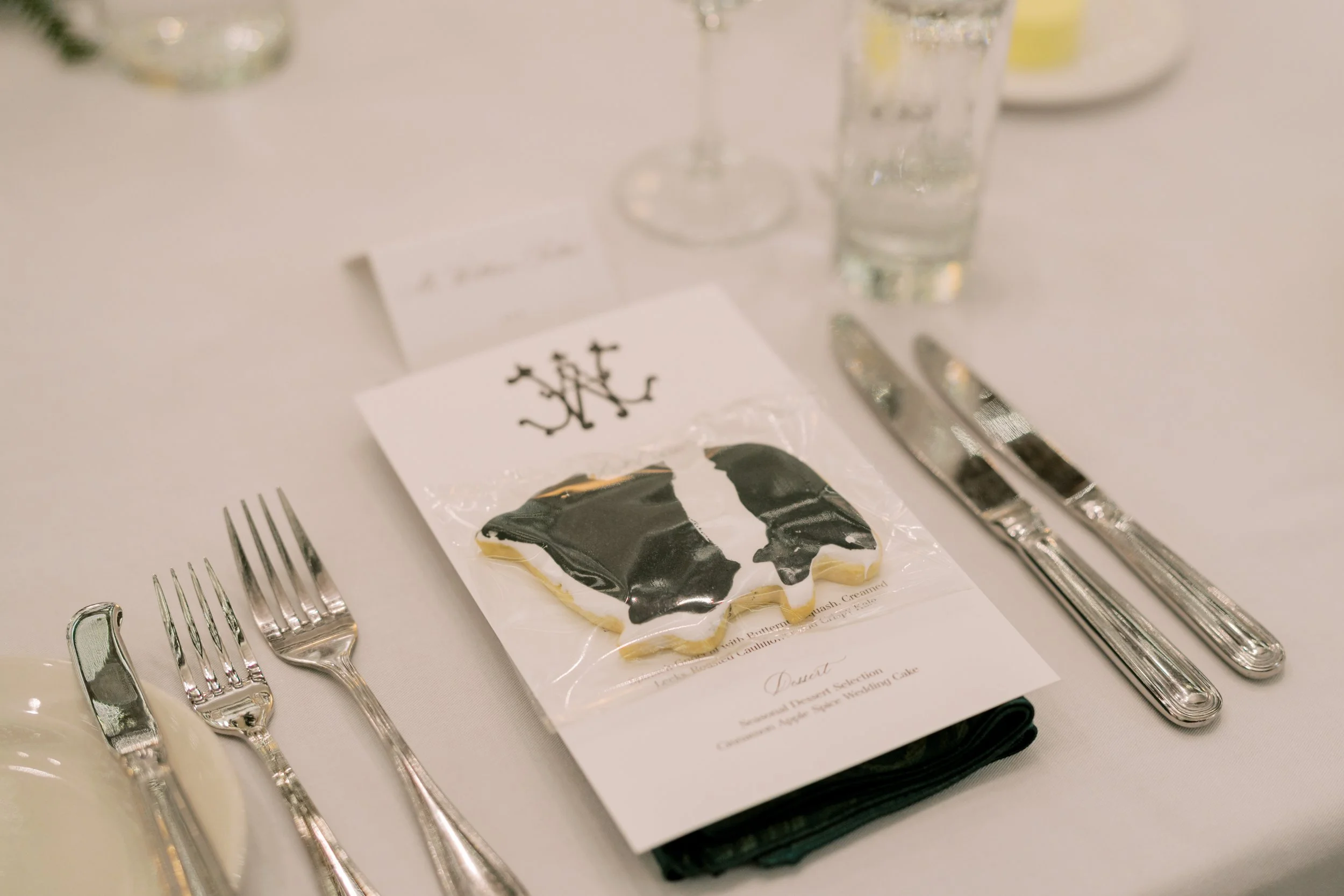 vintage monogram wedding menu, emerald green thermography for chic holiday christmas wedding