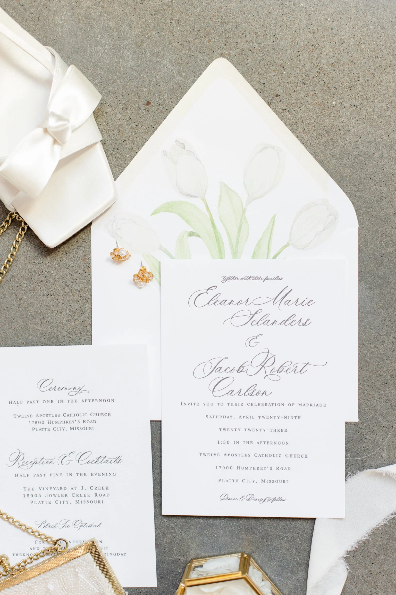 Eleanor Wedding Invitations Suite with letterpress, watercolor envelope liner, white silk ribbon and white wax seal
