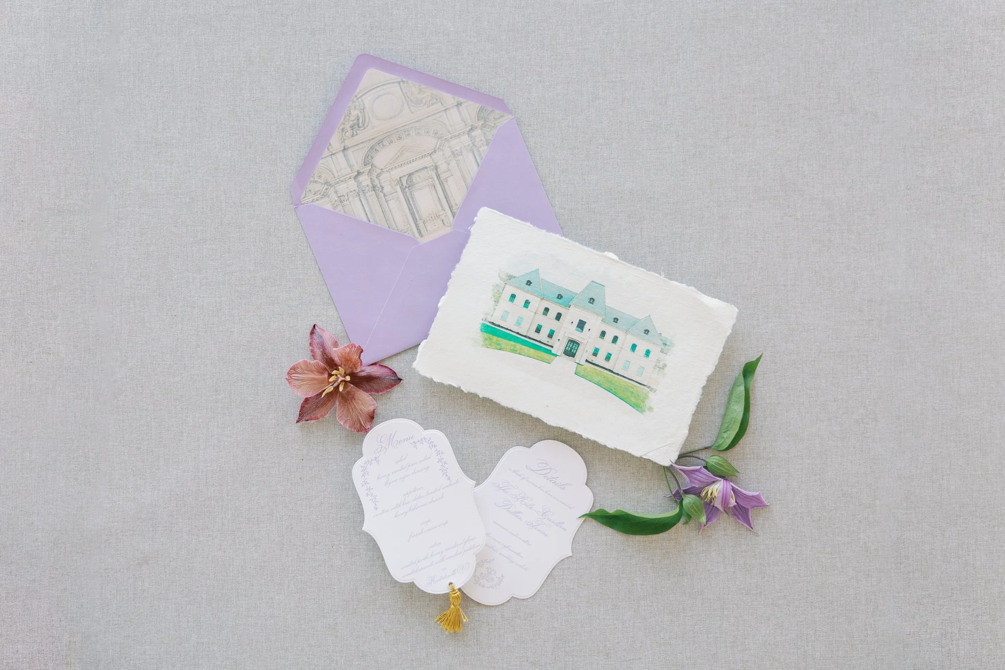 Dior luxury wedding invitations, with vintage architecture envelope liner, menu with unique shape details card and gold tassels