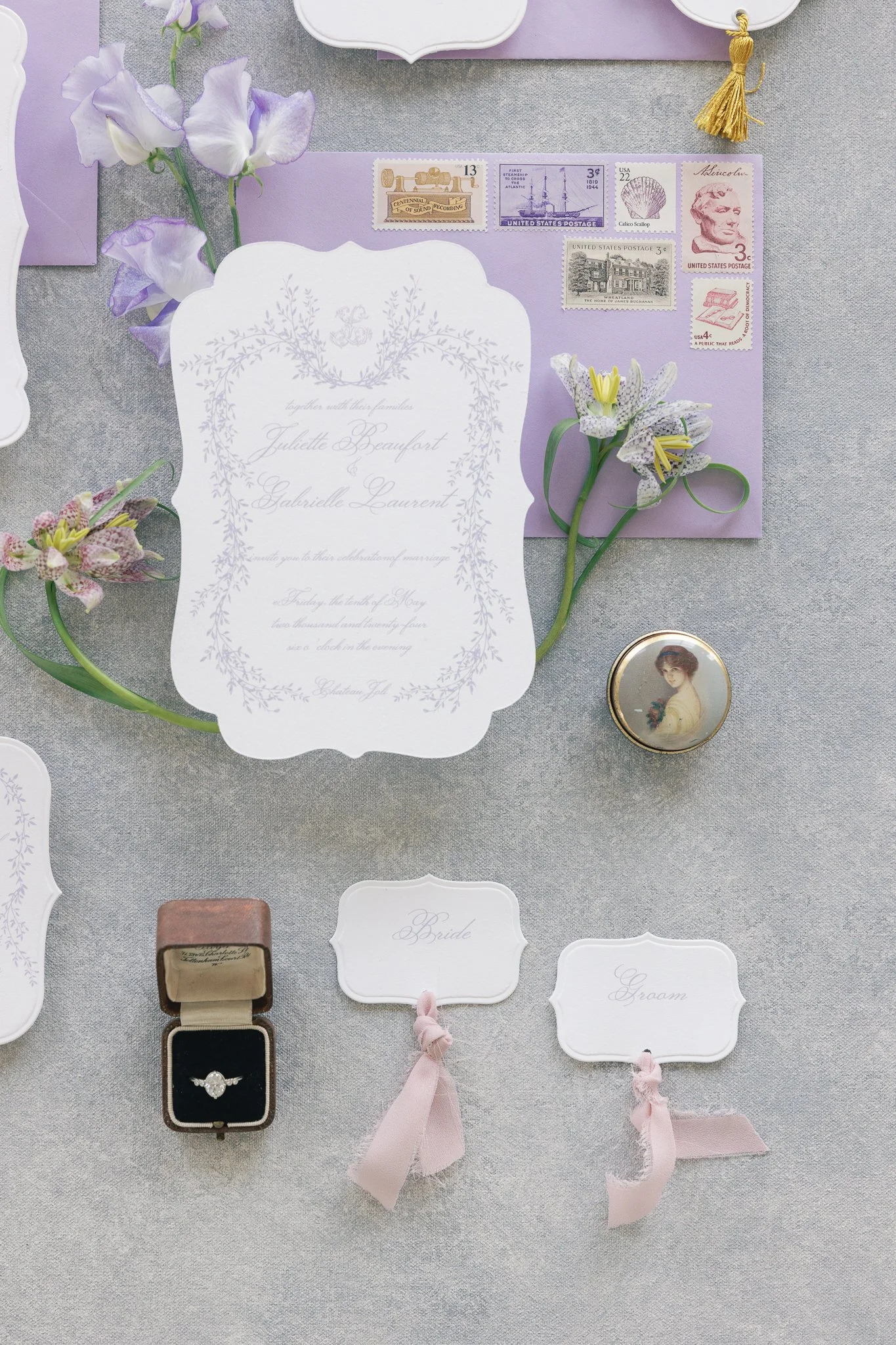 Dior luxury wedding invitations, lavender letterpress with vintage architecture envelope liner, menu with unique shape details card and gold tassels