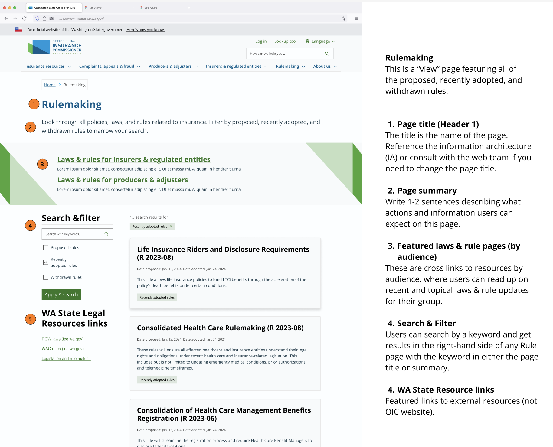 annotated page template with guidance numbered in an example page