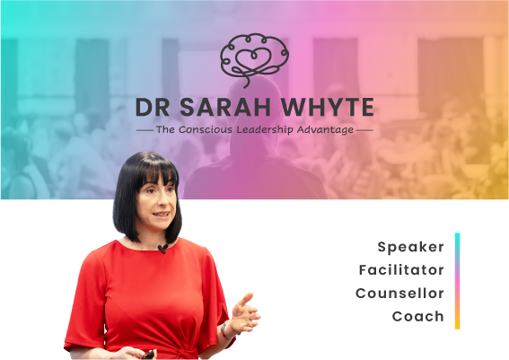 Slide featuring Dr. Sarah Whyte, a speaker and coach, with a colorful background and a photo of her in a red dress.