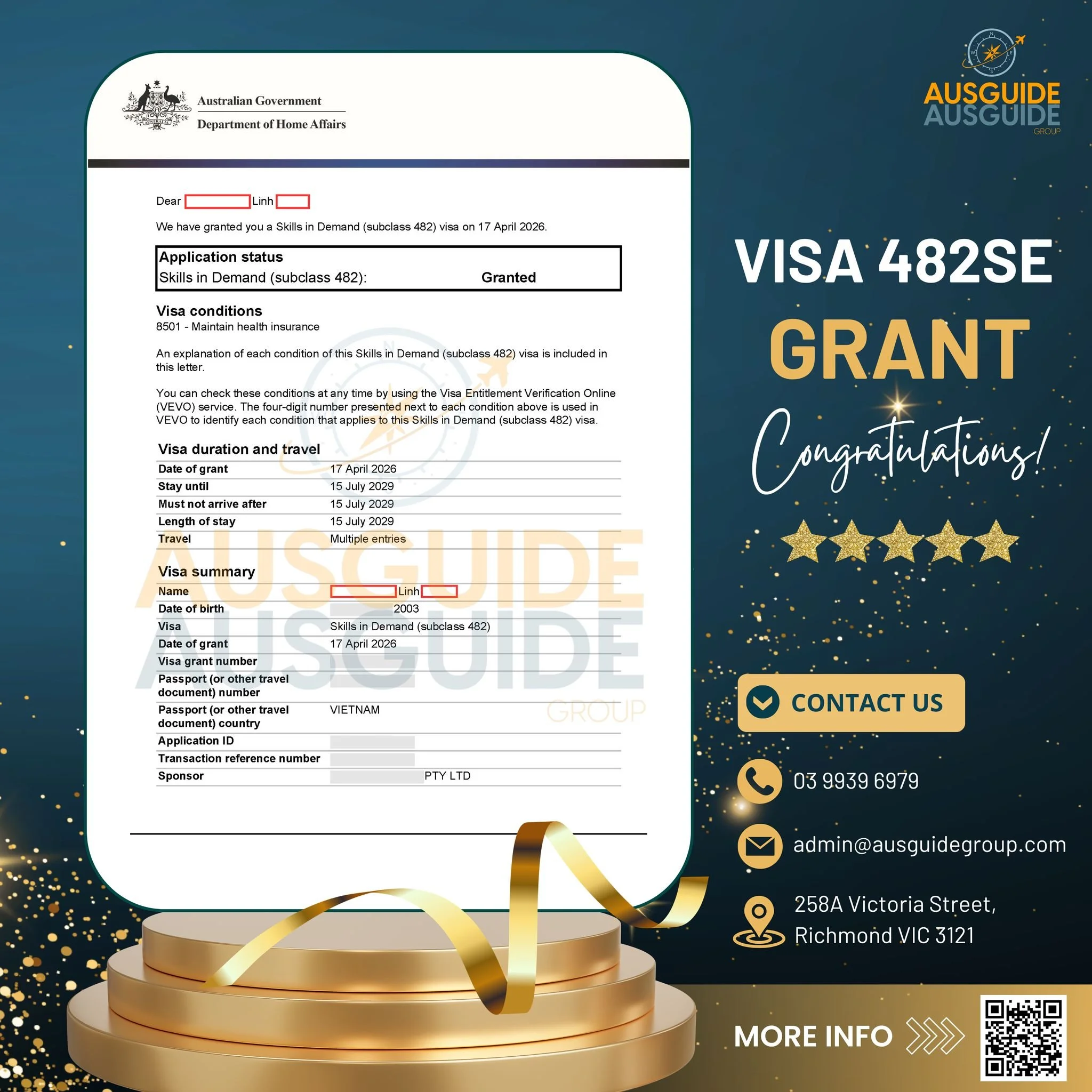 482 SUBSEQUENT ENTRANT VISA APPROVED - JOINING FAMILY IN AUSTRALIA