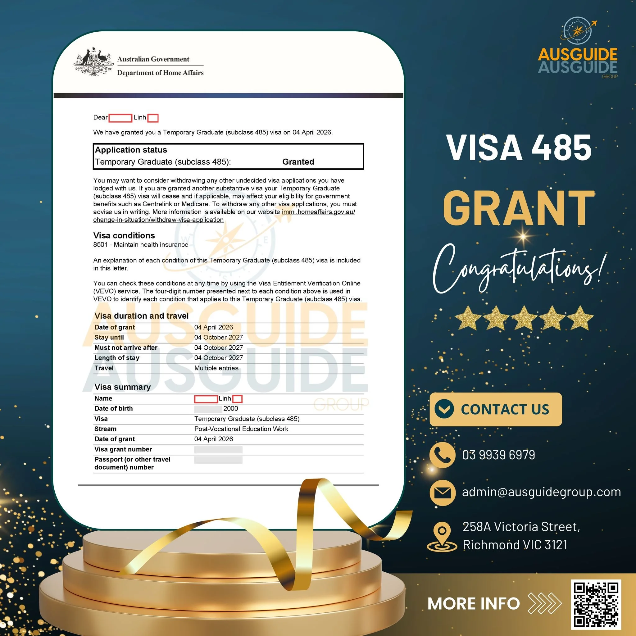 TAKING THE NEXT STEP: 485 VISA GRANTED FOR OUR CLIENT