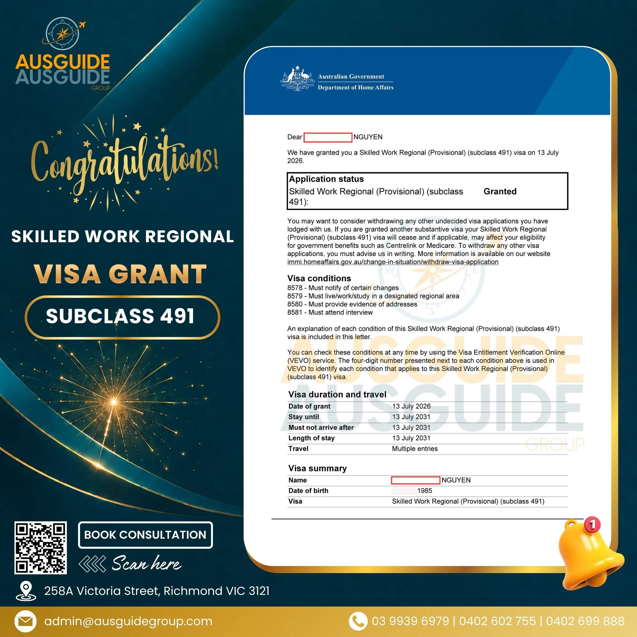 A NEW FUTURE BEGINS – SKILLED WORK REGIONAL VISA GRANTED  