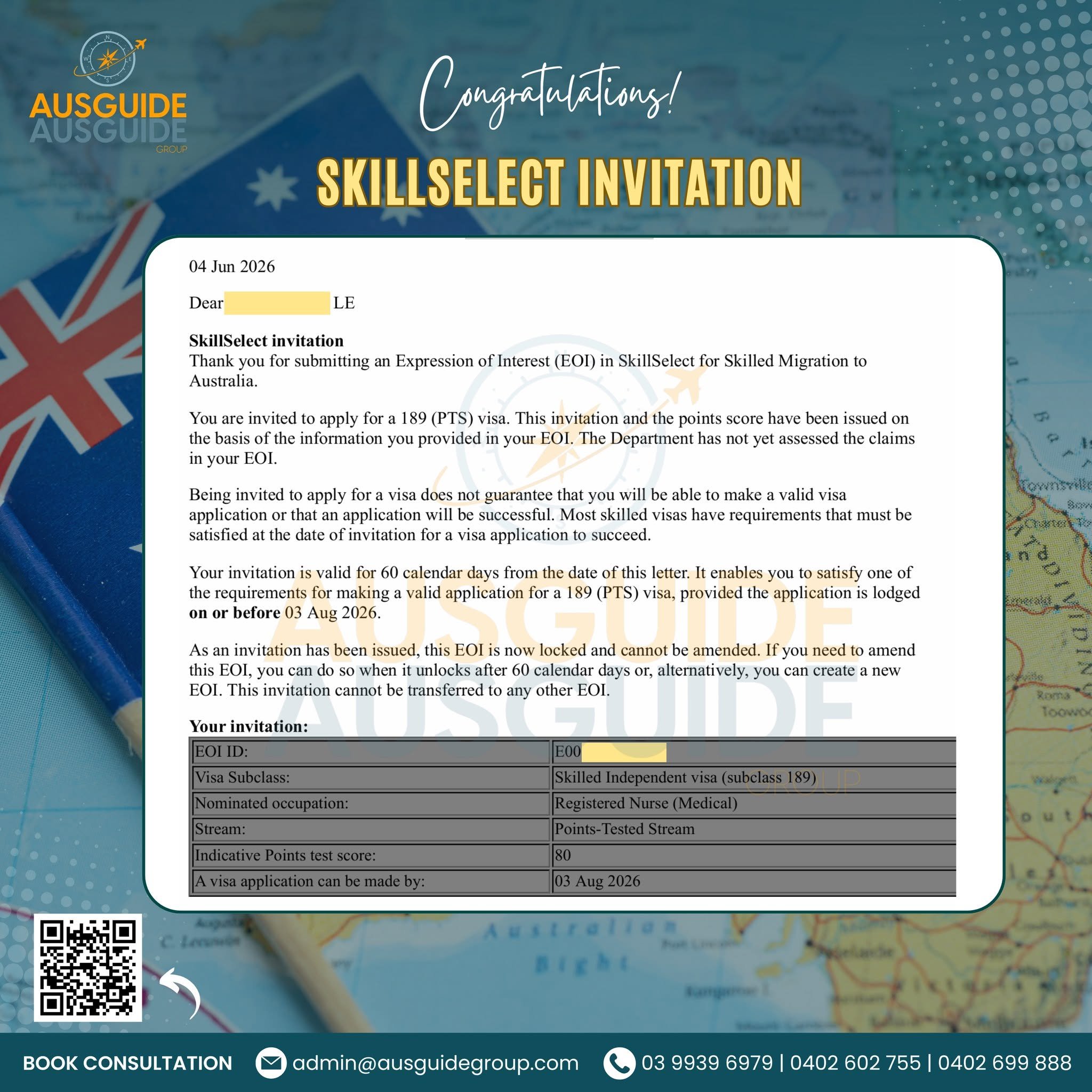 ANOTHER SKILLED MIGRATION SUCCESS – 189 INVITATION RECEIVED 