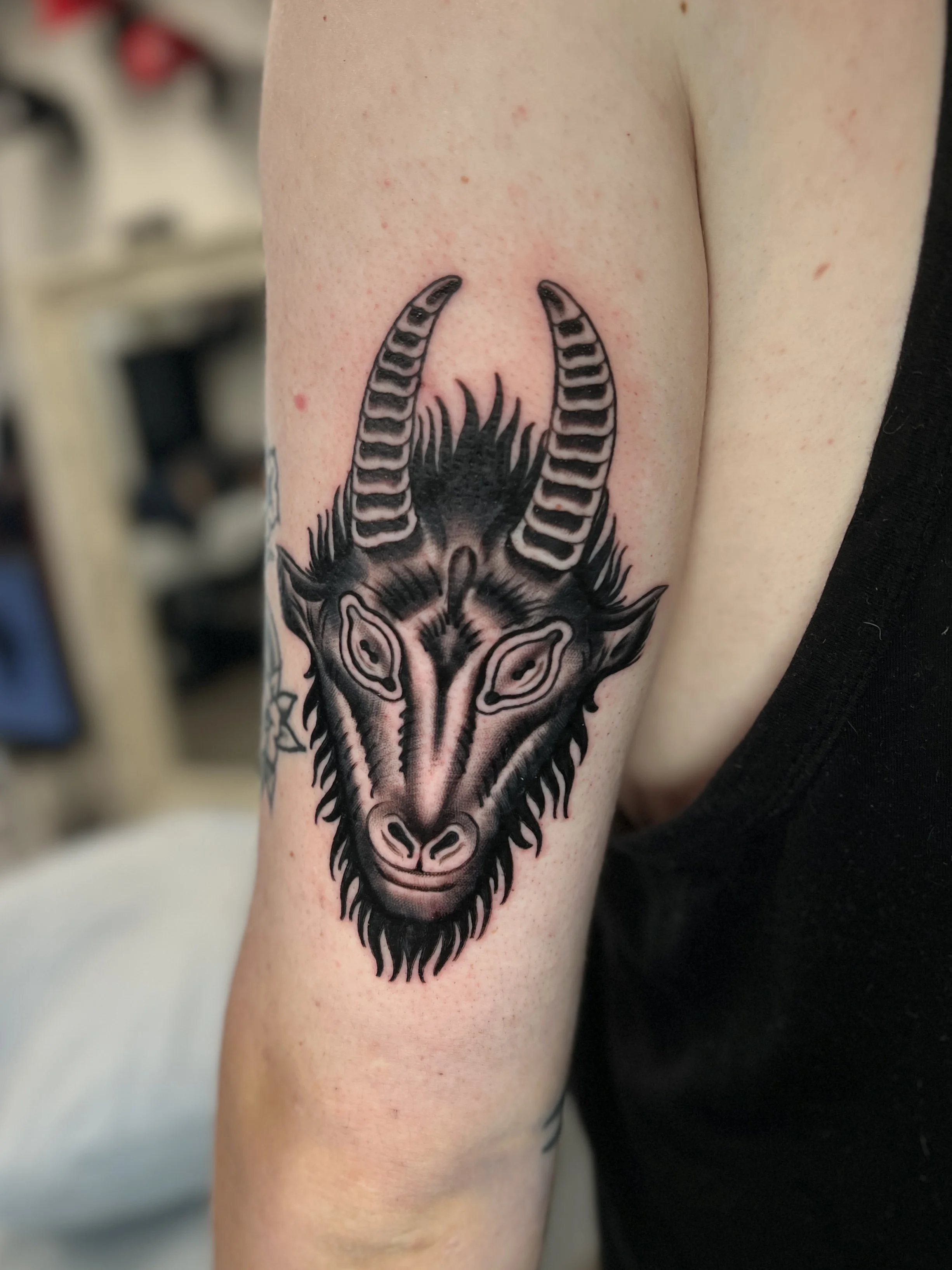 A black and gray traditional tattoo of a goat's head with curved horns, detailed with intricate shading and line work, on a person's upper arm.