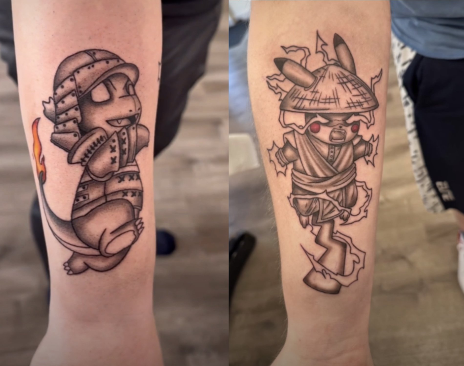 Two Matching Pokemon tattoos on arms. The right tattoo depicts a chibi-style character with a conical hat, red eyes, and lightning surrounding it.