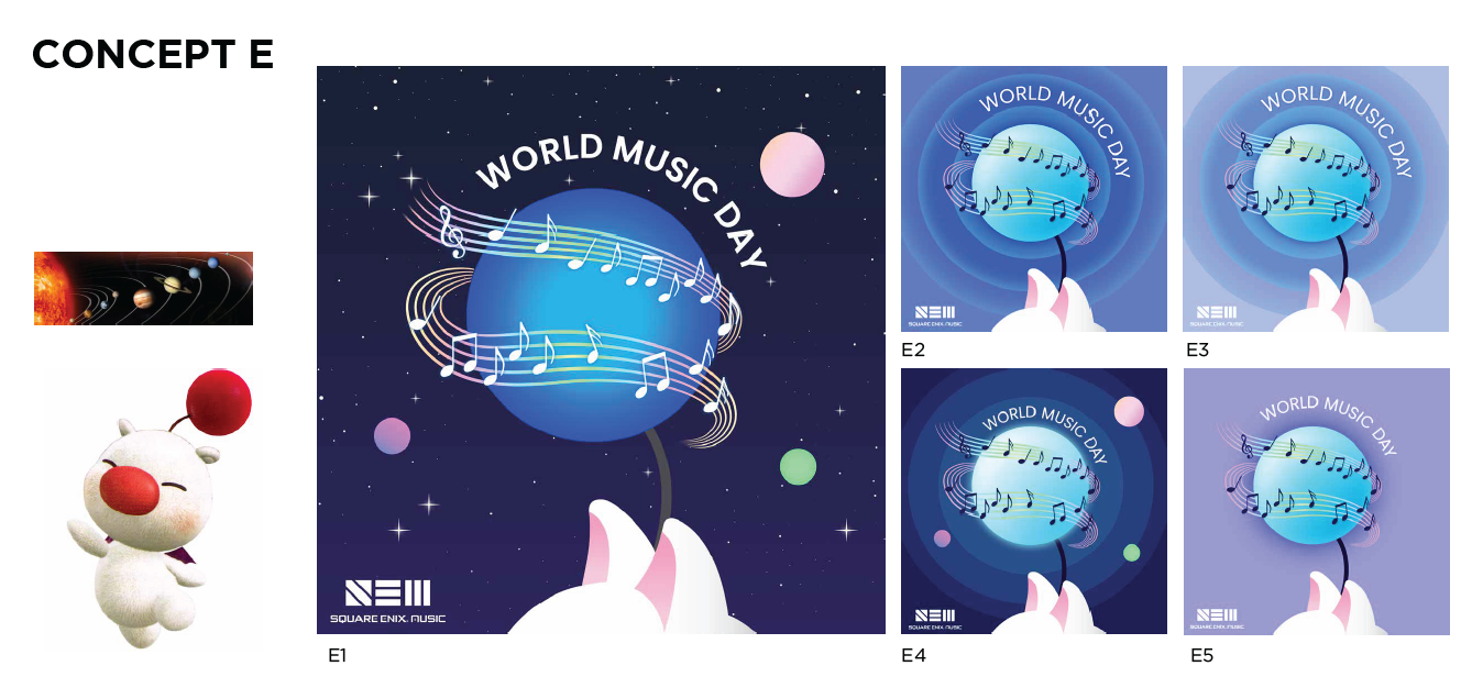 Inspired by planets orbiting through space, this playful direction imagines music traveling around the world, with a subtle Moogle reference connecting the concept back to SQUARE ENIX.