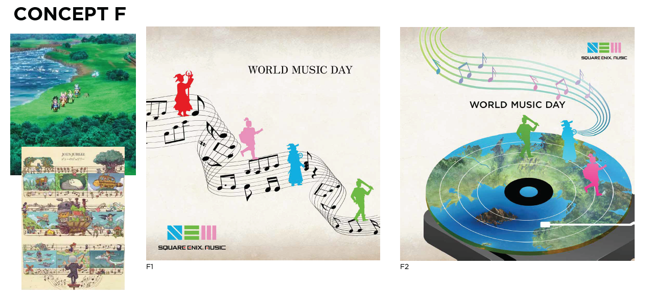 Inspired by classic RPG world maps and overworld journeys, this direction uses musical staffs as pathways connecting characters, places, and adventures across SQUARE ENIX games.