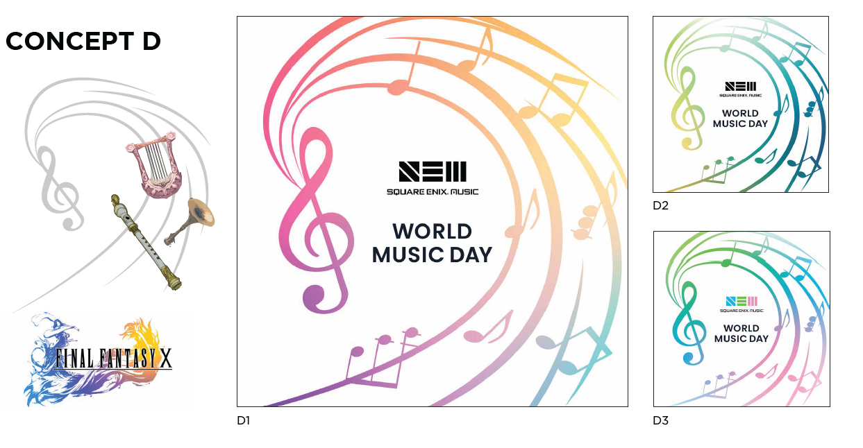 Inspired by the movement of musical notation, this direction transforms the SQUARE ENIX MUSIC colors into a flowing staff that brings different notes together.