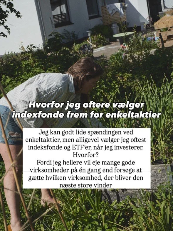 Jeg pr&oslash;ver ikke at finde den n&aelig;ste vinder hver gang. Derfor best&aring;r st&oslash;rstedelen af min portef&oslash;lje af indeksfonde og ETF&rsquo;er. For mig handler det om at sprede risikoen, investere i mange virksomheder p&aring; &eac