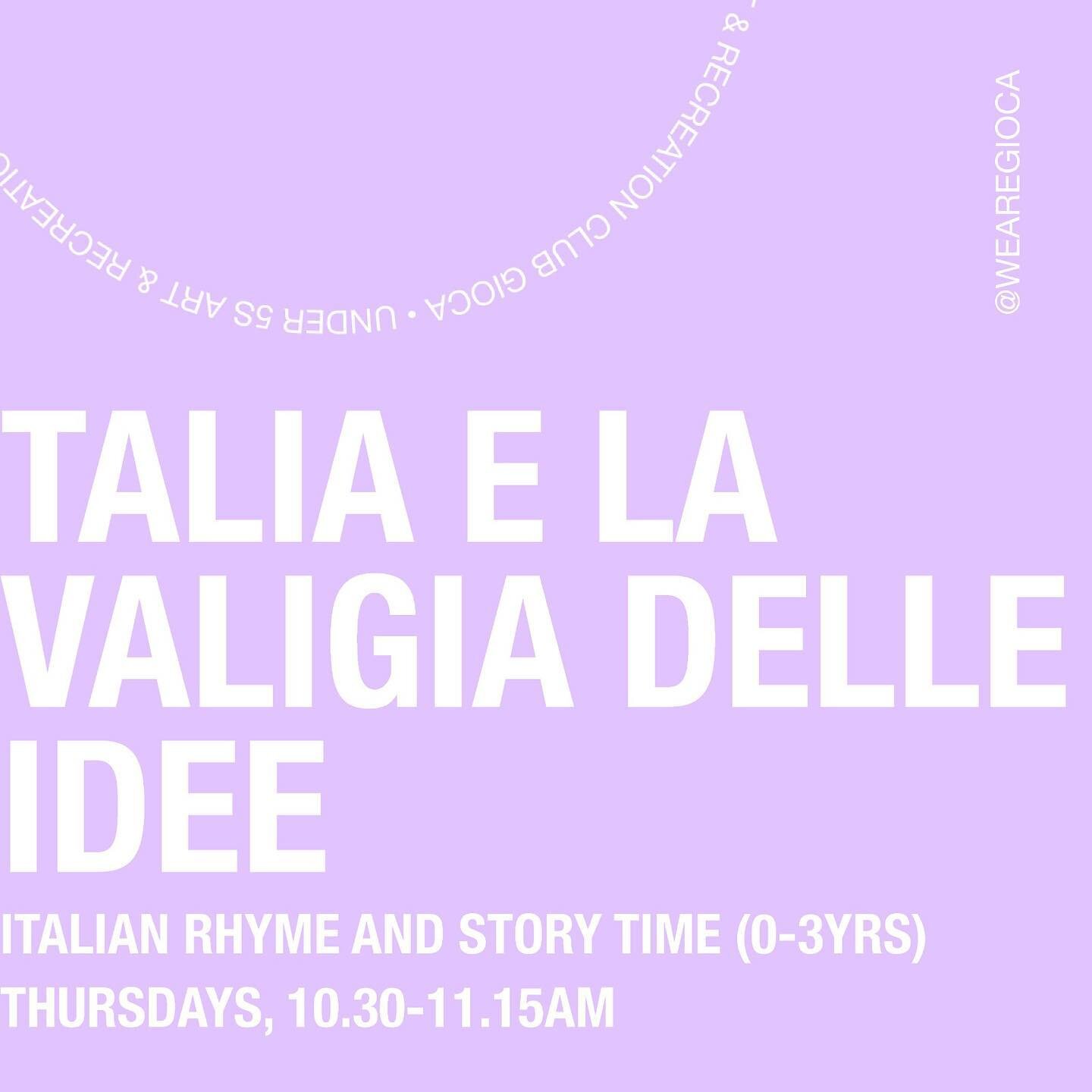 Ciao, let&rsquo;s play 👋🏽

We're back with our Thursday morning italian offering, Talia e La Valigia Delle Idee &mdash; Italian Rhyme and Story Time (0-3yrs). 

Since 2017, Talia e la Valigia delle Idee has been running amazing Italian speaking pla