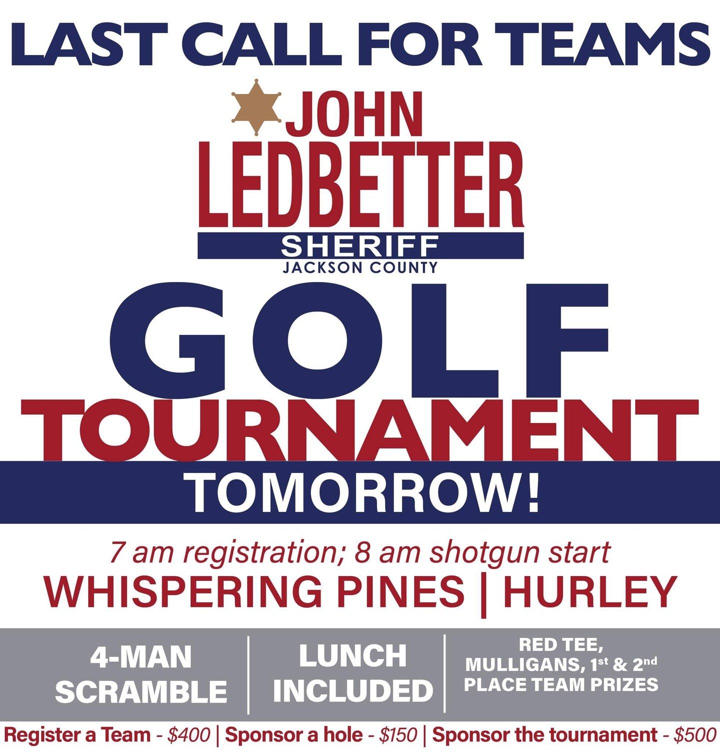 LAST CALL to register your team for the Ledbetter Golf Tournament! It&rsquo;s going to be a beautiful day to hit the fairways tomorrow. We hope to see you there!