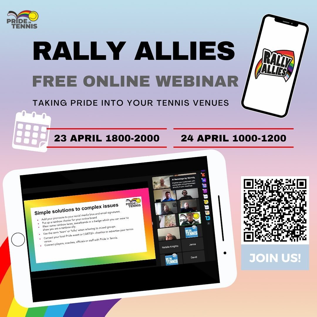 🌟 Join us for the Rally Allies Webinar!🌟

Bringing pride to your tennis venue. 🎾🏳️&zwj;🌈

And guess what? It&rsquo;s completely 𝗙𝗥𝗘𝗘 ❗️

📆 Save the Date: April 23rd and April 24th
🔗 Link in bio. Register now!

#prideintennis  #tennis #prid