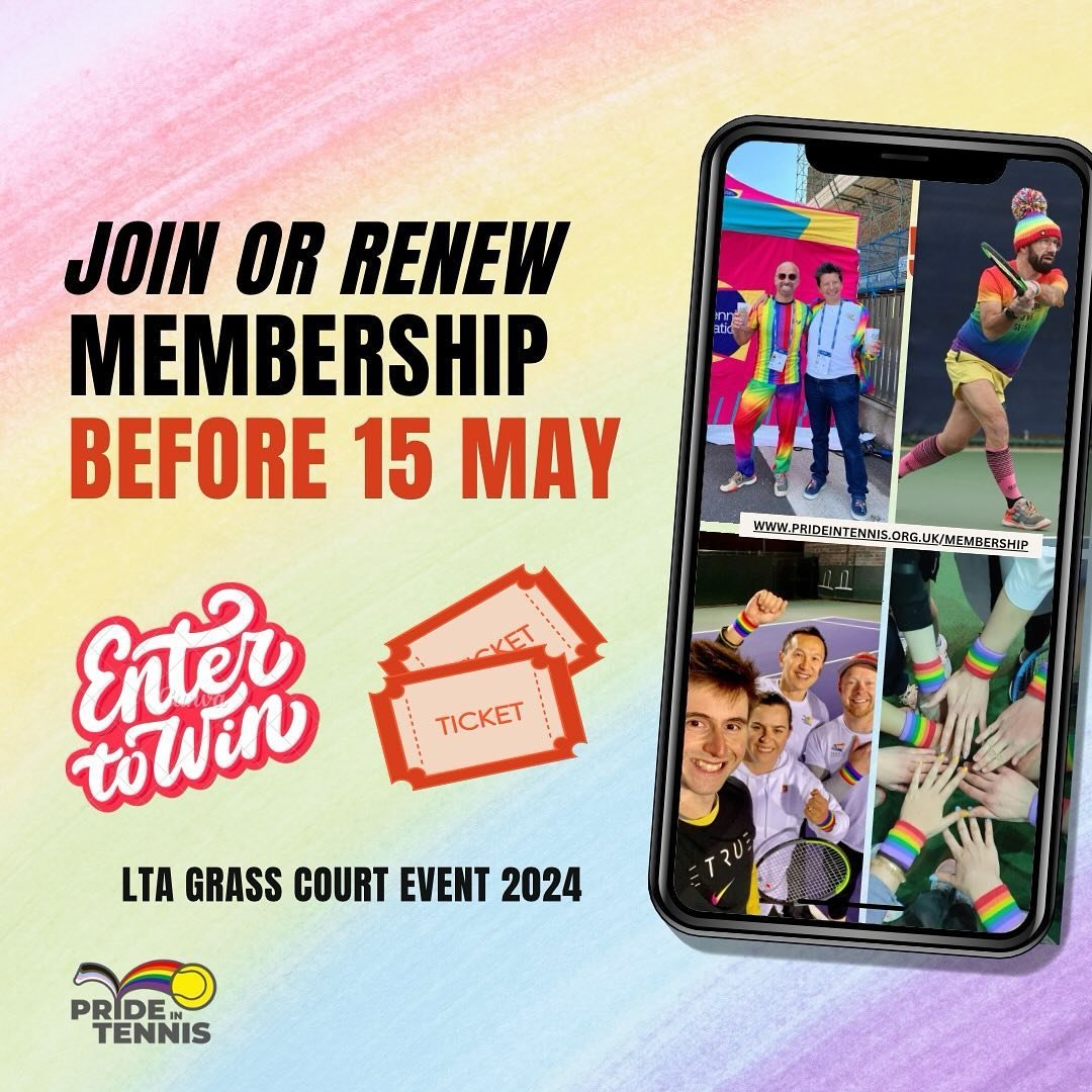 Win your chance to the LTA Grass Court Tournament 🇬🇧

By 𝐉𝐎𝐈𝐍𝐈𝐍𝐆 or 𝗥𝗘𝗡𝗘𝗪𝗜𝗡𝗚 our special membership program! 🌈

Don&rsquo;t miss out - sign up or renew before May 15th!

Link in bio 🔗&nbsp;

#prideintennis  #tennis #lgbtqsports #in