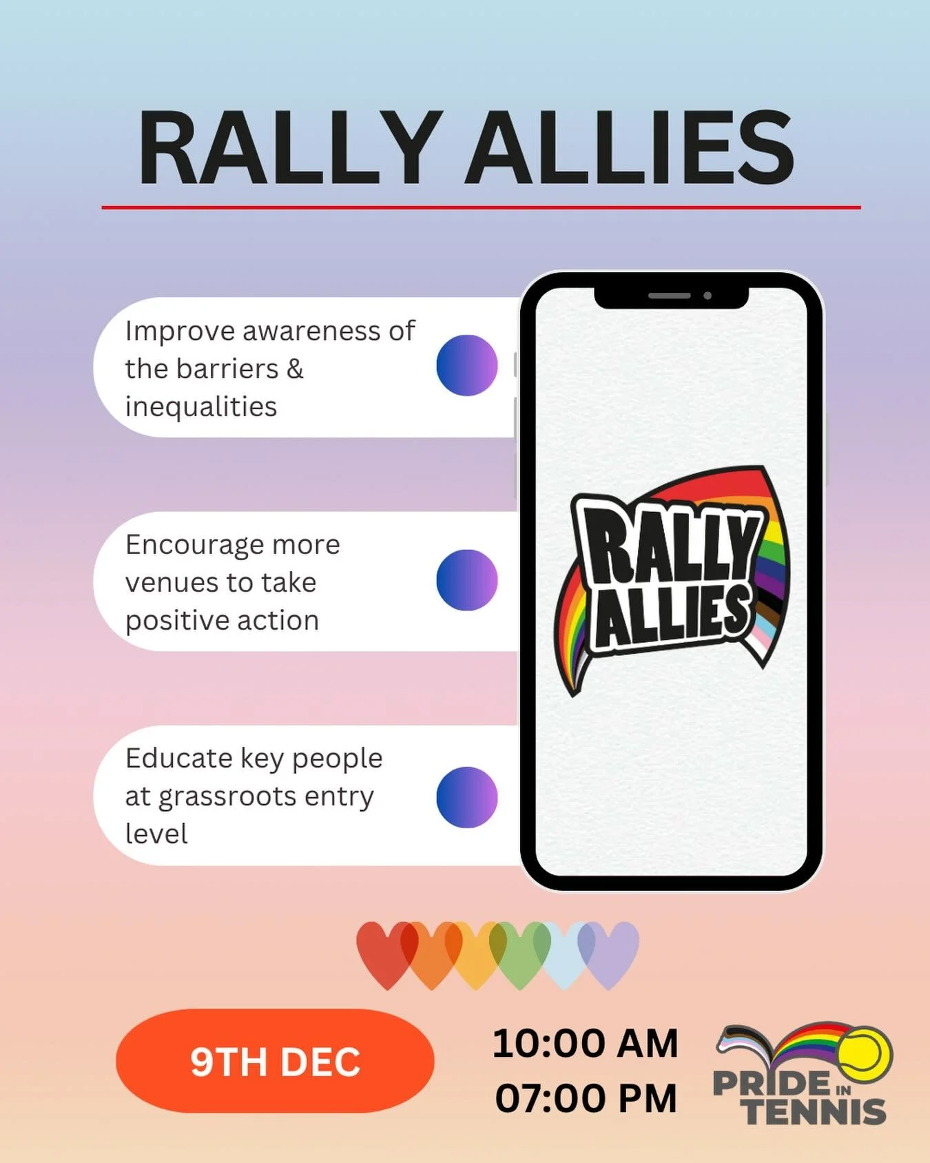 🎾Rally Allies online webinar 🌈

📅December 9th
⏰10 AM / 7 PM

Powered by Pride in Tennis x LTA, is making tennis venues across the UK more inclusive, welcoming, and safe for LGBTQ+ players and fans alike. 🏳️&zwj;⚧️❤️

Sign up now!!!

#PrideInTenni