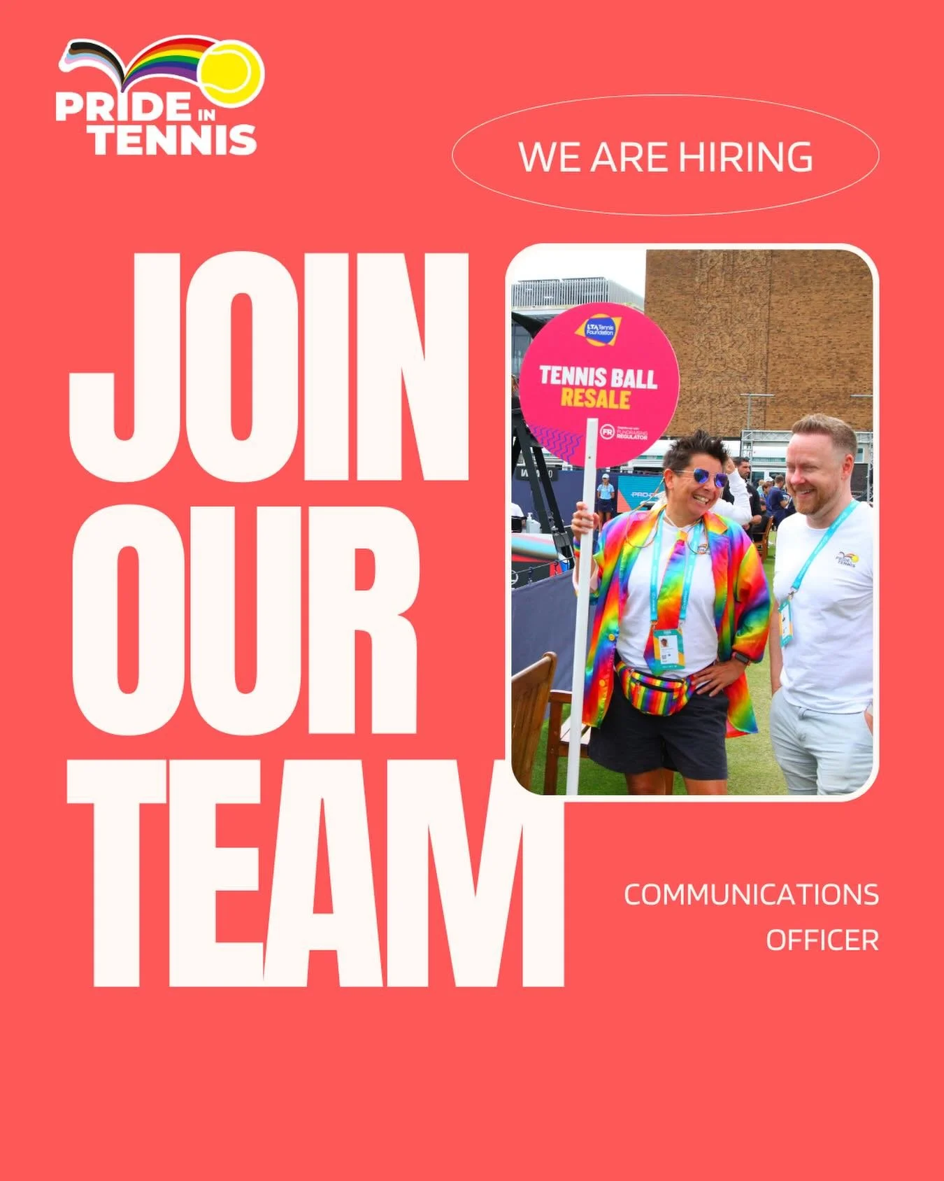 🎾 We&rsquo;re Hiring!
Pride In Tennis is looking for a Communications Officer to join the PiT Board with immediate effect.

If you&rsquo;re passionate about social media, excited about amplifying LGBTQ+ voices in tennis, and love creative communicat