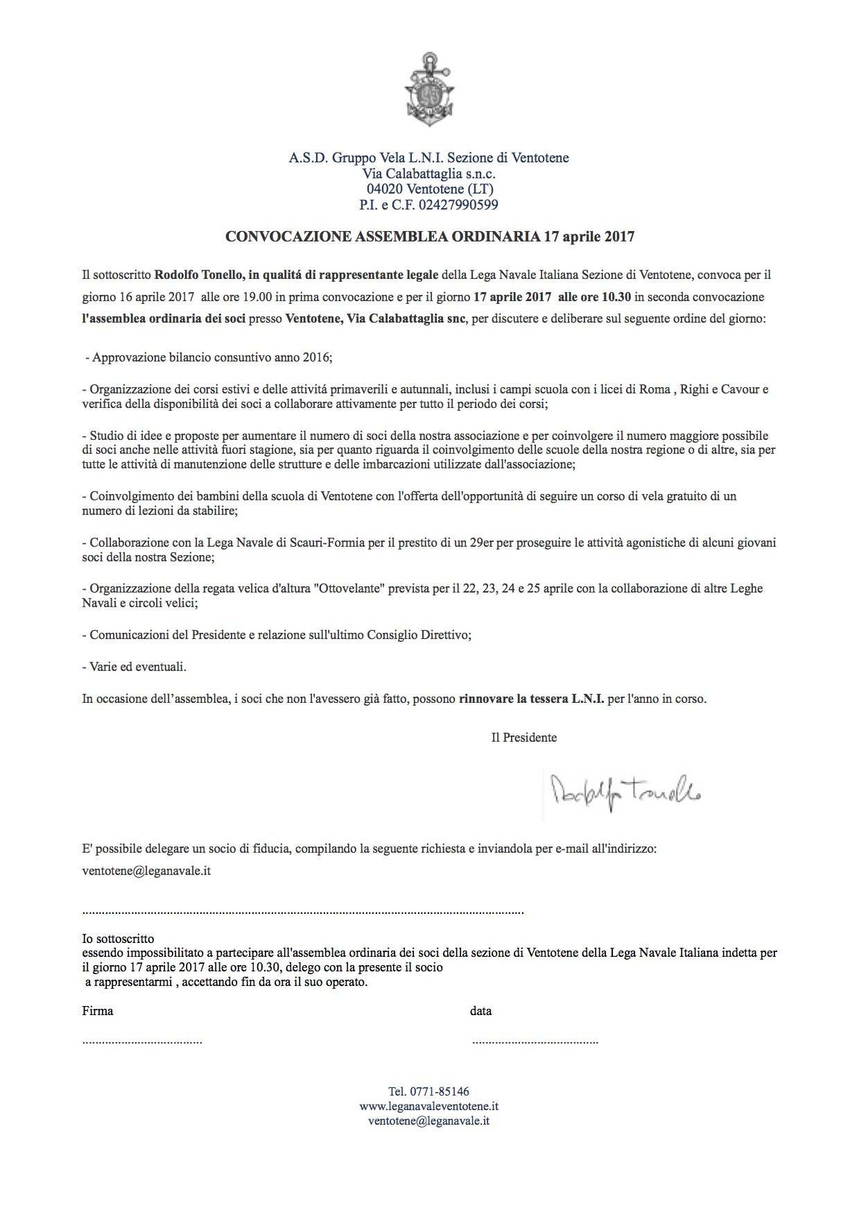 Convocazione assemblea ordinaria 17 Aprile 2017