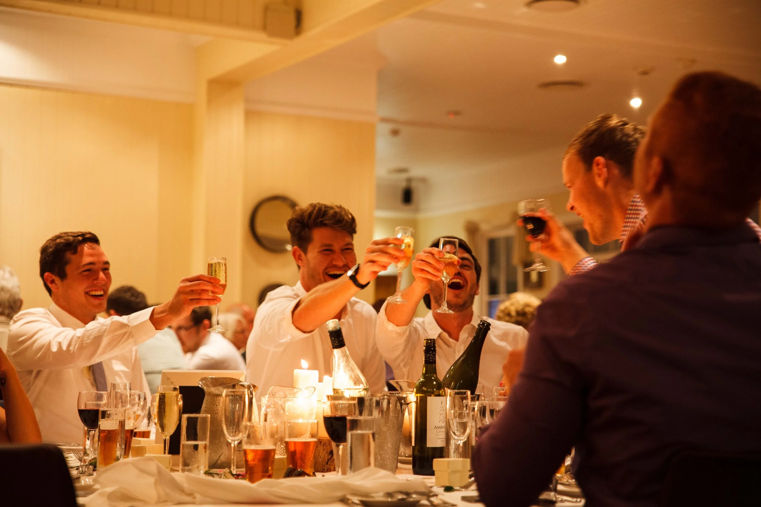 Group of friends toasting with drinks at a dinner party in an elegant, warmly lit room.