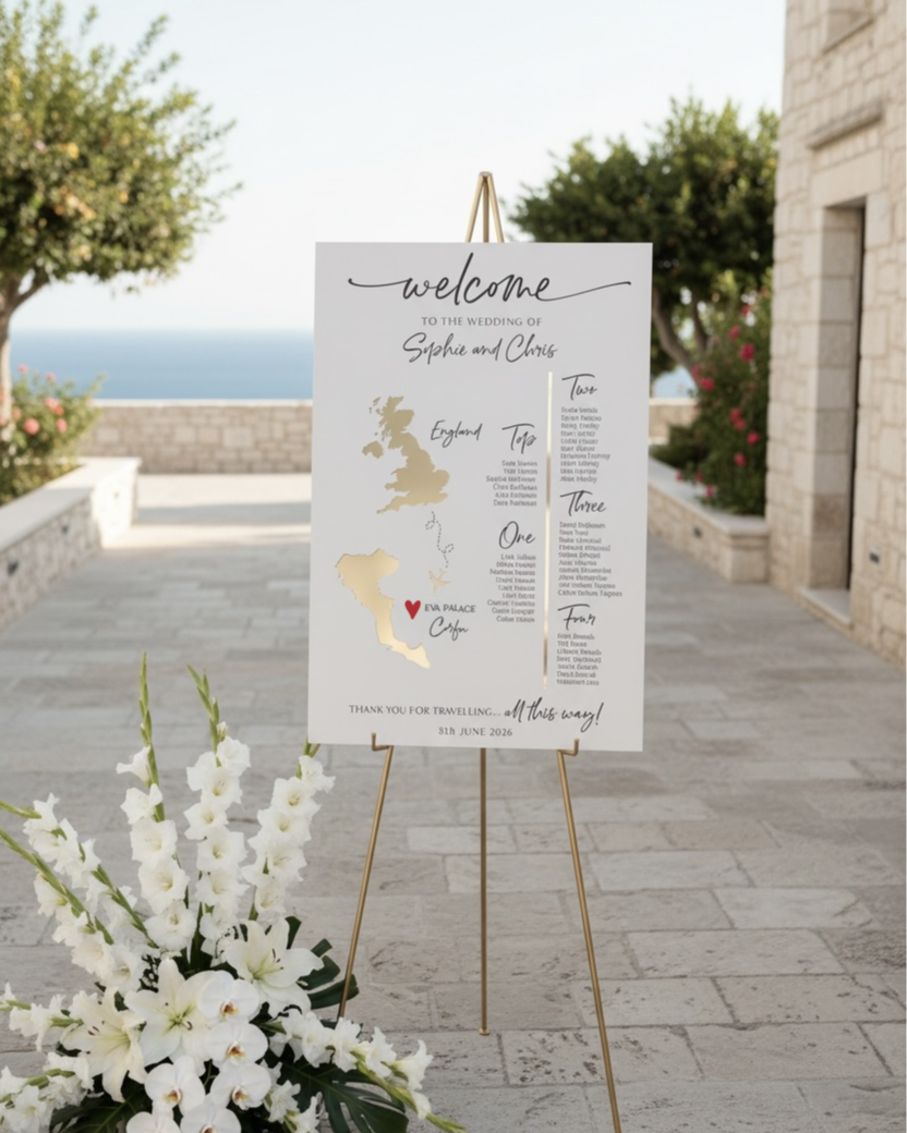 Destination Wedding Themed Table Plan and Welcome Sign