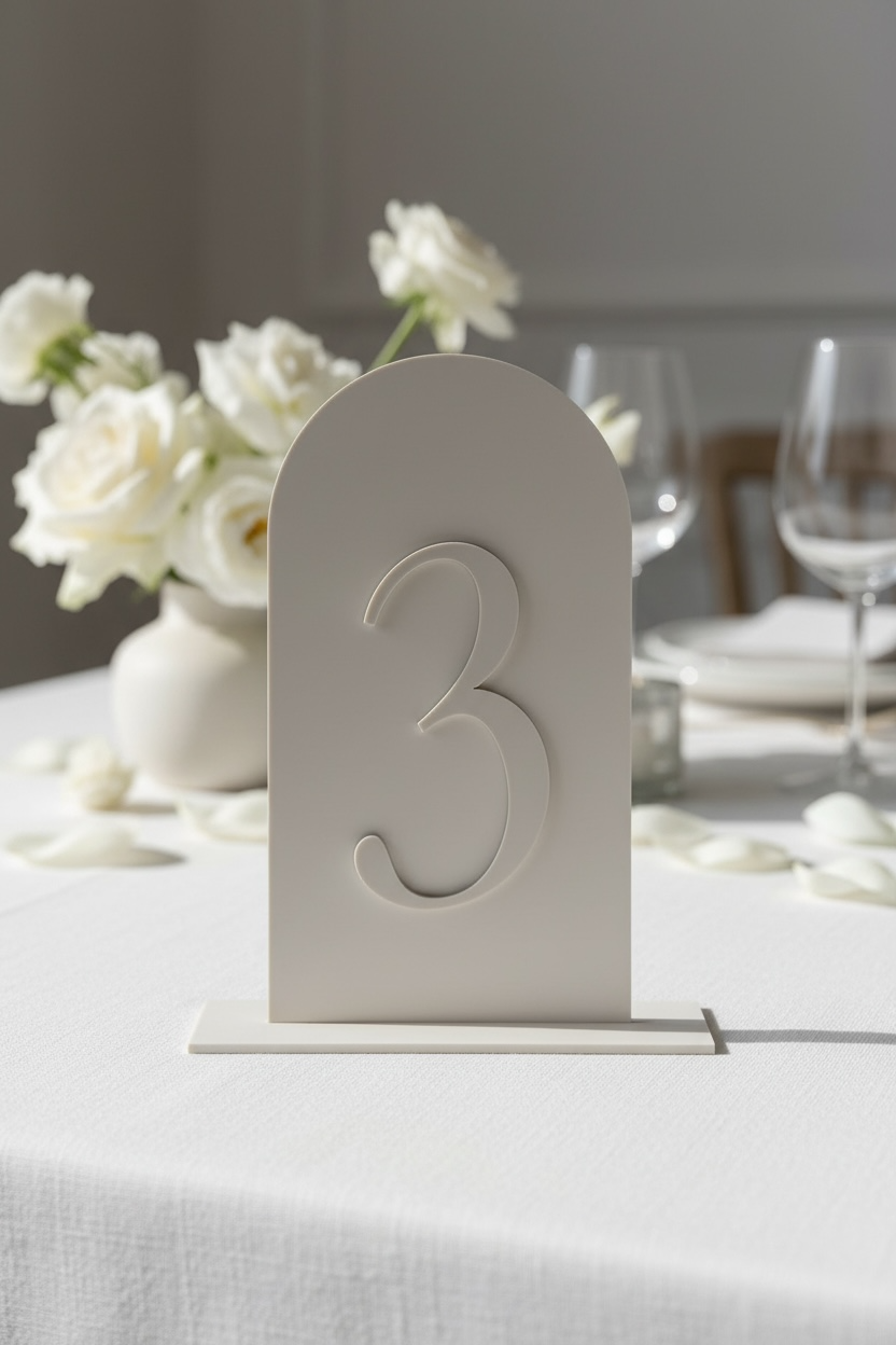A table setting with a dusky pink table number sign displaying the number 3 in gold, along with a floral centerpiece of white roses and dried pink and beige foliage.