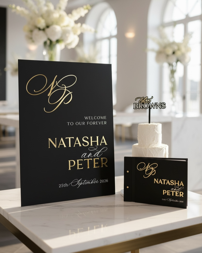 'Trio' Monogram Wedding Welcome Sign + Guestbook + Cake Topper