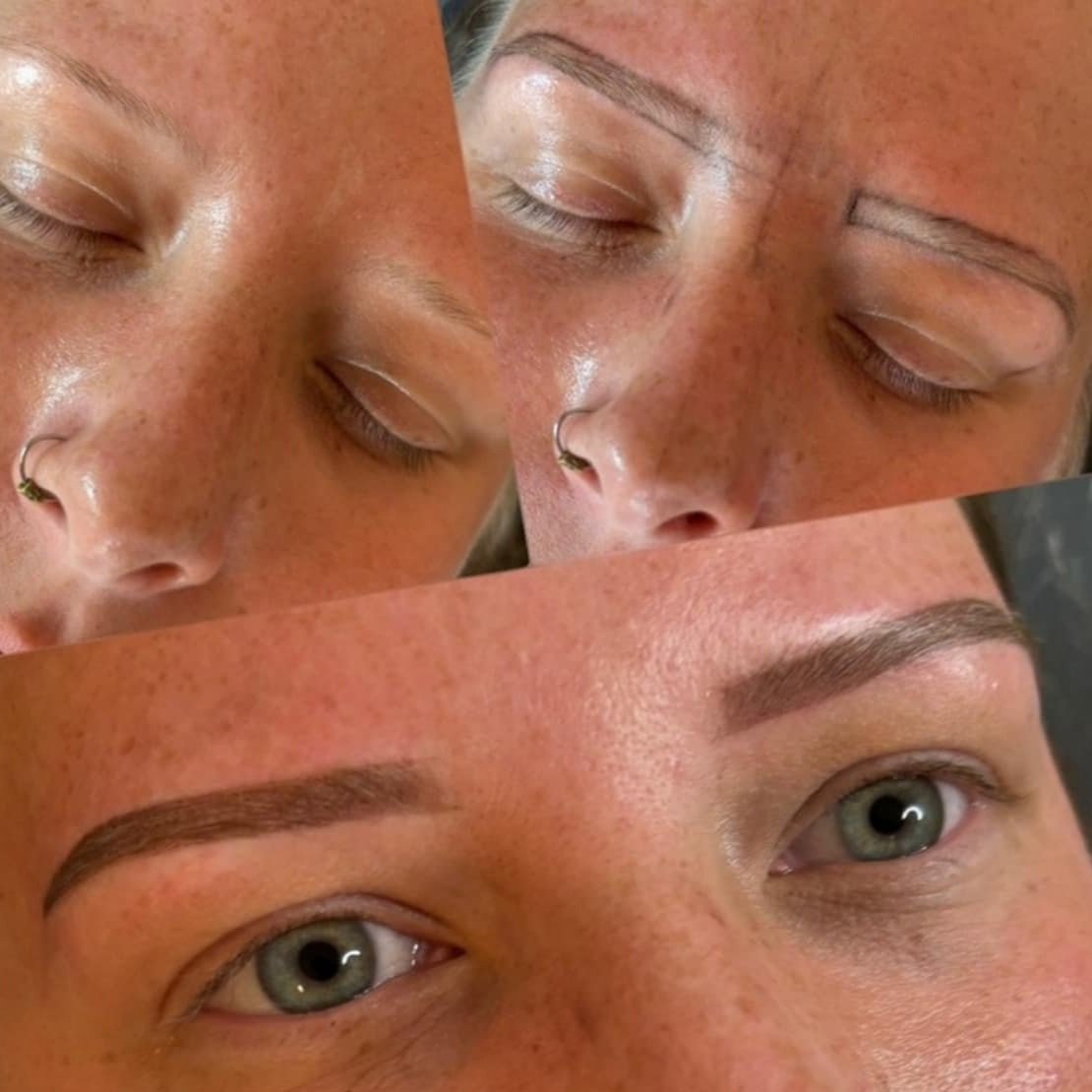 Close-up of a person's face showing before and after eyebrow tattooing or microblading, with the after image displaying fuller, well-defined eyebrows.