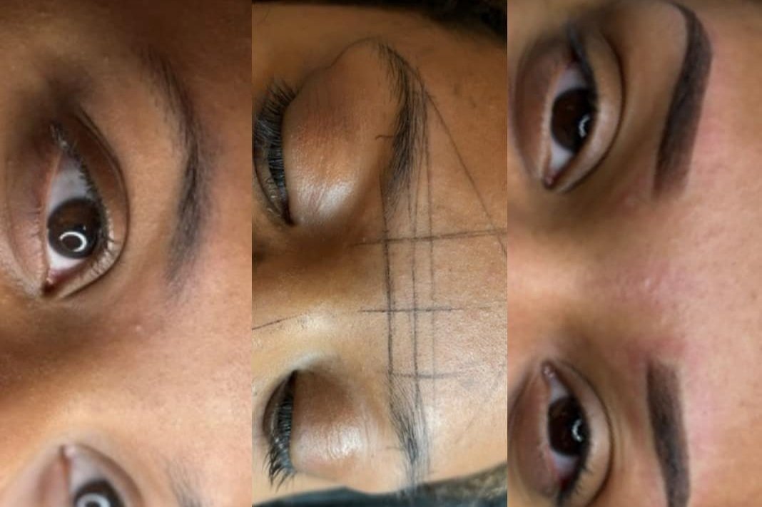 Close-up of a person's face showing before and after eyelash and eyebrow cosmetic enhancement, with the middle image displaying markings on the eyebrows.