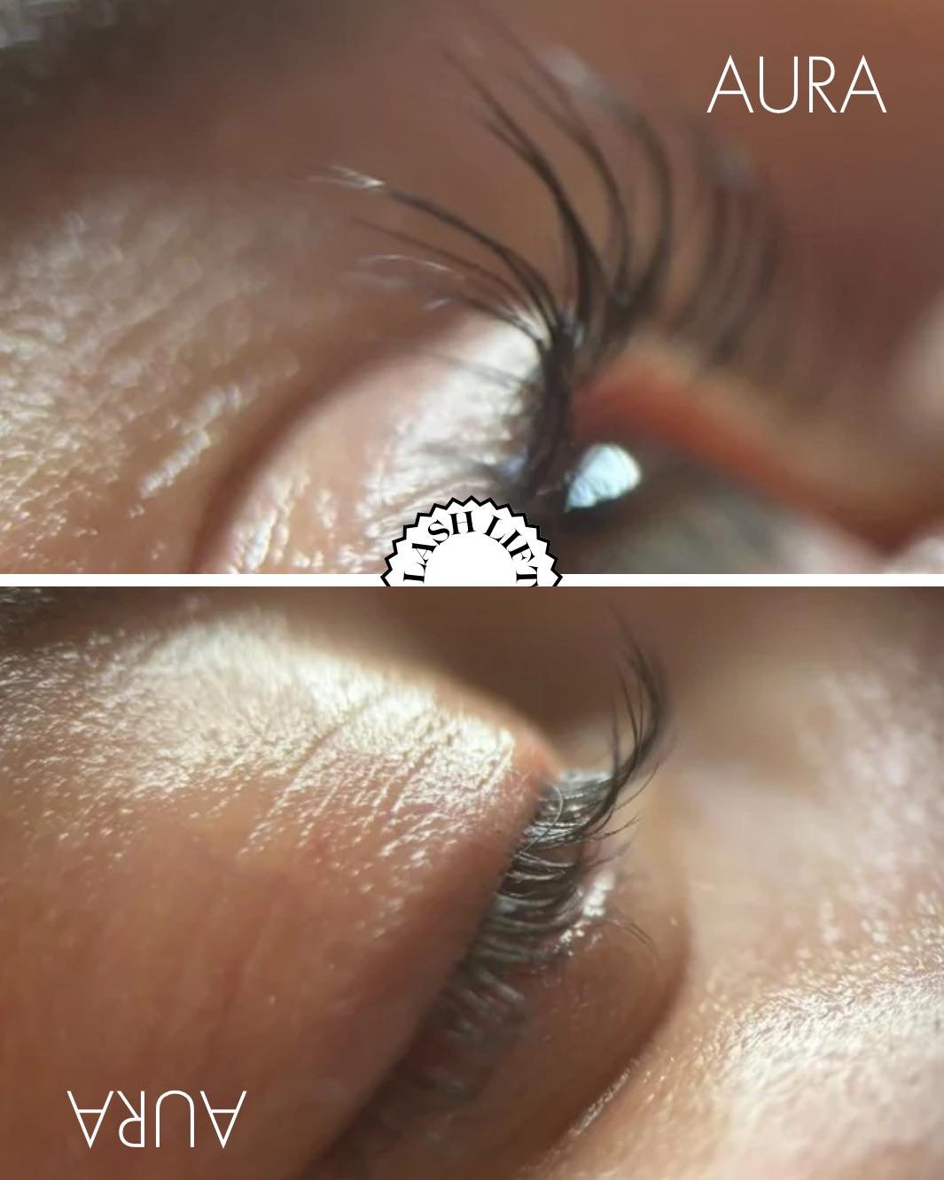 Close-up of a person's eye with visible eyelashes, showing the eye's reflection and skin texture, labeled 'AURA'.