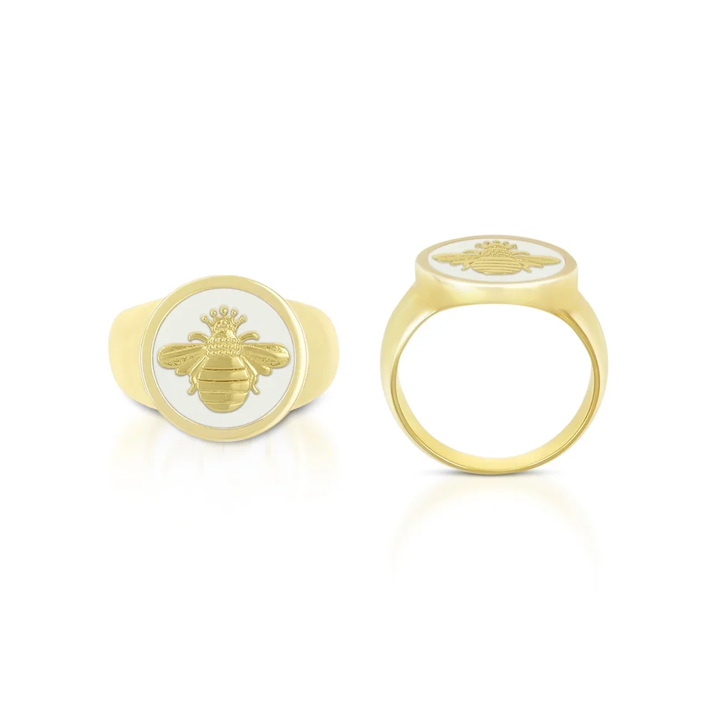 Gold Bee Signet Ring Solid 14K Gold Honey Bee Signet Ring Queen