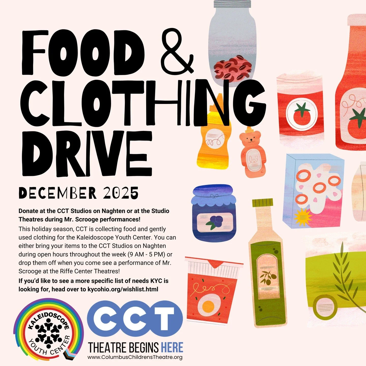 Still feeling the Giving Tuesday glow? Us too. ✨

Donate food and gently used/new clothes for Kaleidoscope Youth Center at CCT Studios or before Mr. Scrooge shows.
Let&rsquo;s lift up our community together. 

#cct #columbus #mrscrooge