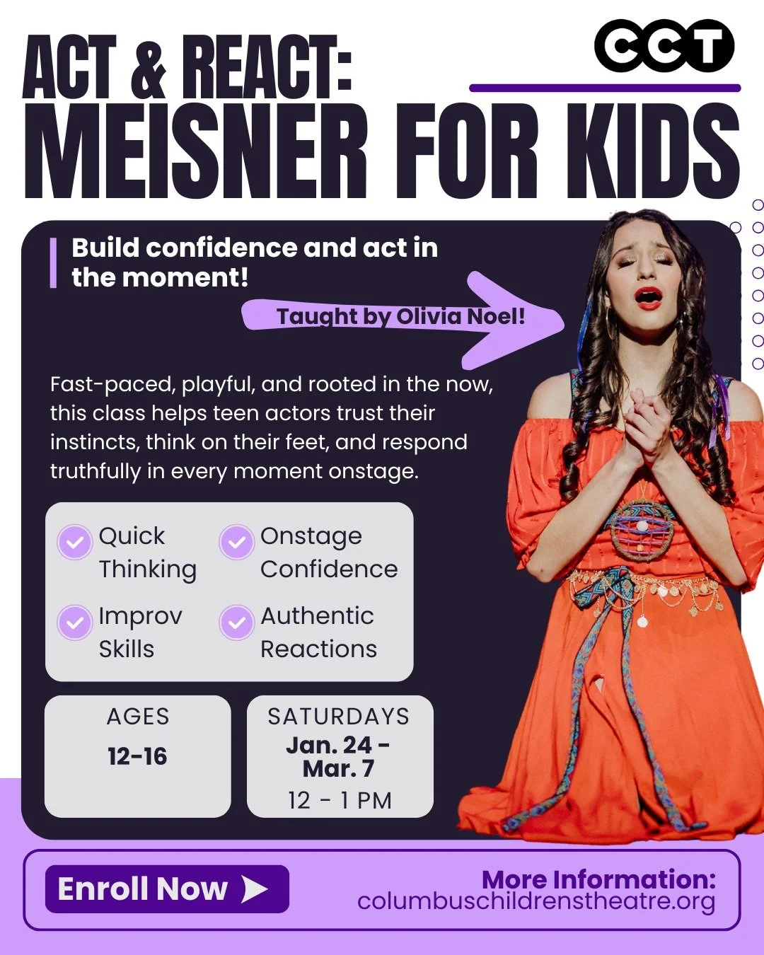 Think fast. Act bold. Live in the moment. 🎭

This 6-week acting class for teens (ages 12&ndash;16) is all about building confidence, sharpening instincts, and reacting truthfully onstage. Through improv games, partner work, and creative challenges, 