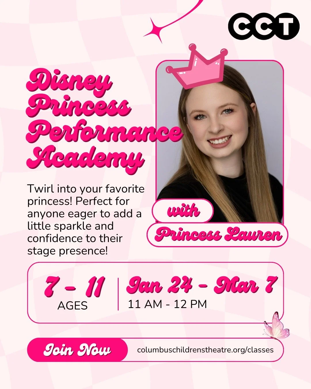 👑✨ Calling all future fairytale stars!

Ages 7&ndash;11 can step into their favorite princess shoes every Saturday for 6 magical weeks learning iconic mannerisms, vocals, and character sparkle while building confidence and stage presence.

🗓 Saturd