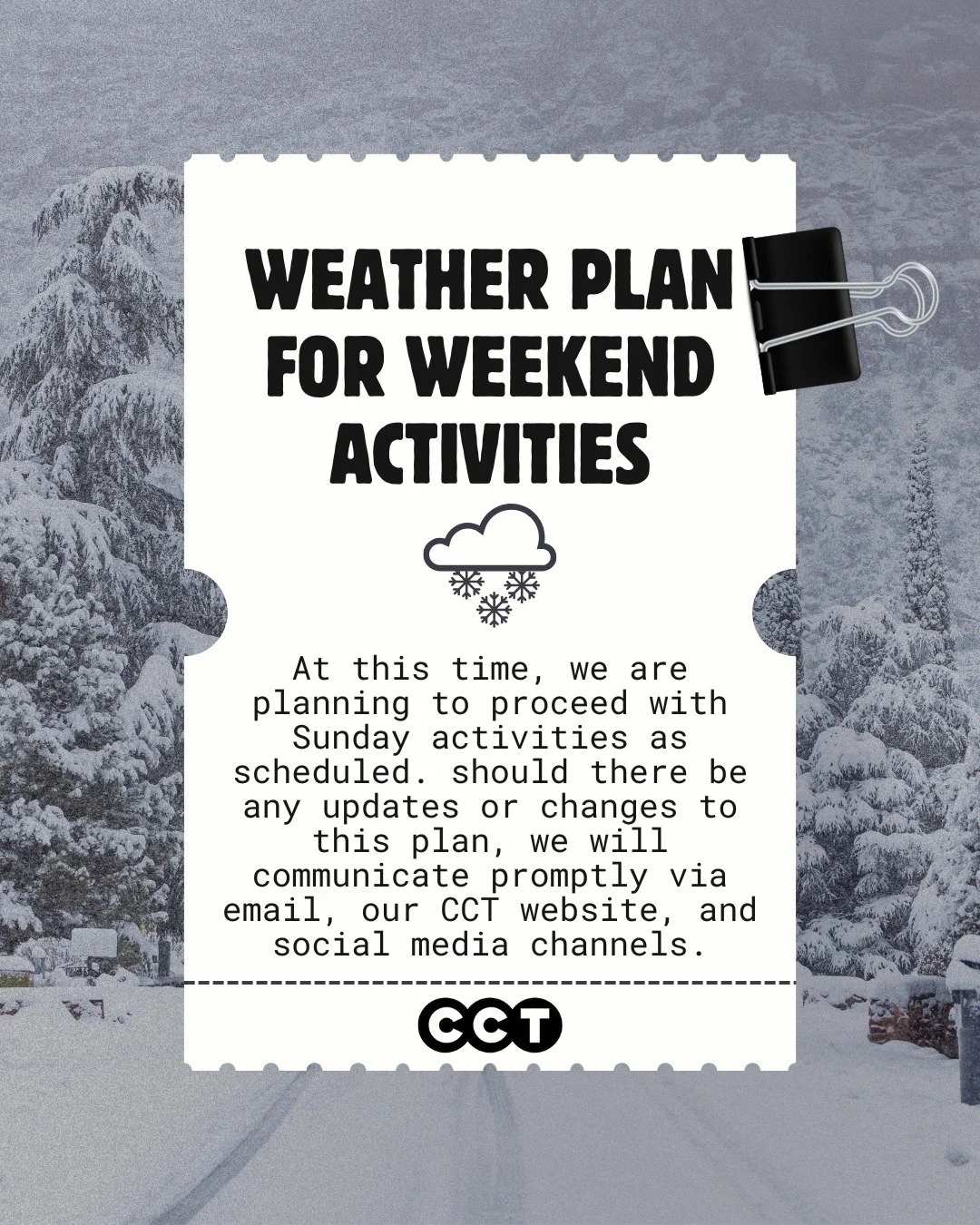 We&rsquo;re keeping a close eye on the weather and planning ahead ❄️

At this time, Sunday shows are moving forward as scheduled! If anything changes, we&rsquo;ll be sure to share updates quickly via email, our website, and right here on social. 

Th