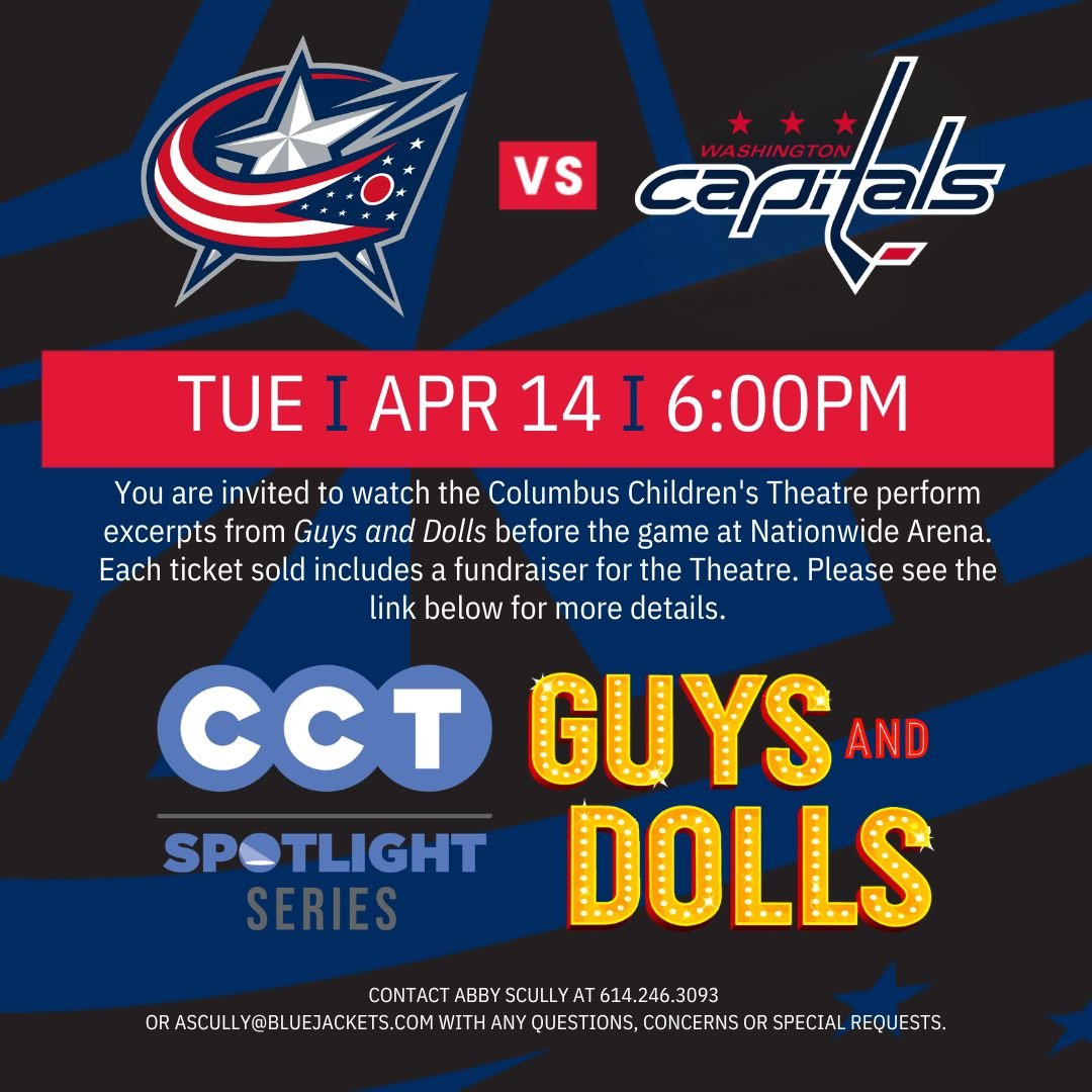 Broadway meets the ice 🏒

Join us on Tuesday, April 14 at 6 PM for a special pre-game performance from the cast of Guys and Dolls before the Columbus Blue Jackets hit the ice! 

Start your night with big Broadway vocals, dazzling energy, and a sneak