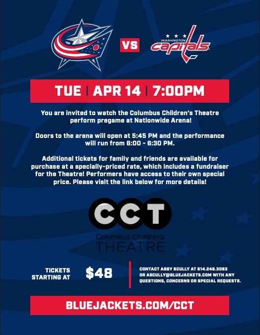 Broadway meets the ice 🏒

Catch Columbus Blue Jackets take on the Washington Capitals this Tuesday, April 14 at Nationwide Arena and see Columbus Children's Theatre bring the energy before the puck drops!

Snag your tickets, grab your crew, and rep 