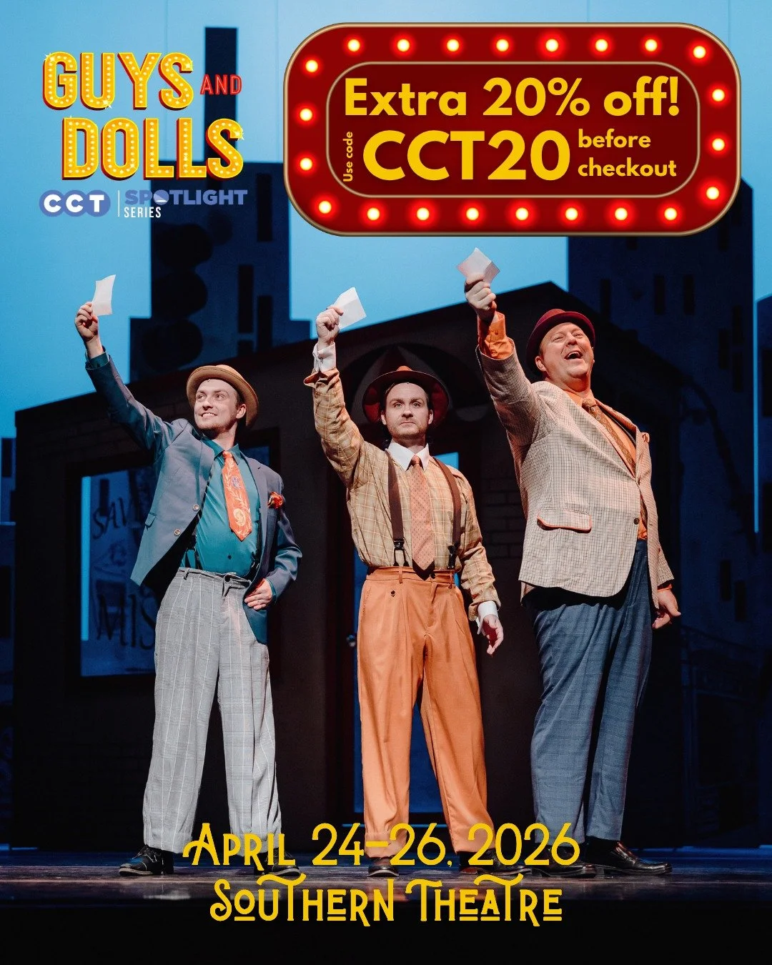 Luck be a discount tonight 🎲

Guys and Dolls hits the stage for ONE WEEKEND ONLY at the iconic Southern Theatre and we&rsquo;re raising the stakes with 20% off 🎟️

Use code CCT20 before checkout and don&rsquo;t miss your shot at big laughs, bold be