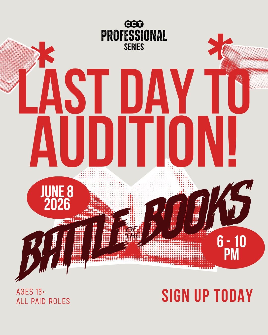 Today, June 8 is your LAST chance to audition for Battle of the Books! Limited in-person audition slots are still available!

✨ All roles are paid
✨ Seeking performers ages 13+ including adults

Sign up now before the final page turns!