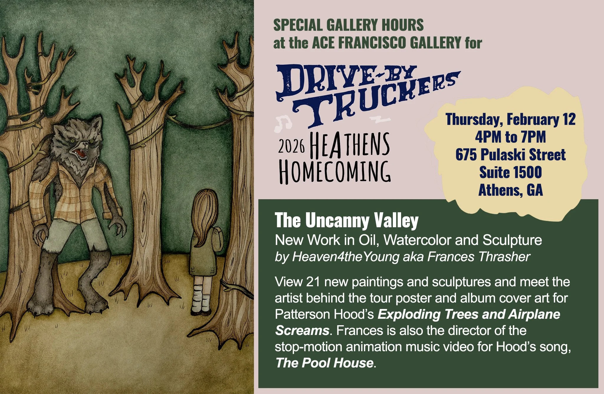 HeAthens Homecoming for Drive-By Truckers fans at Ace Francisco Gallery featuring the work of Frances Thrasher aka Heaven4theYoung
