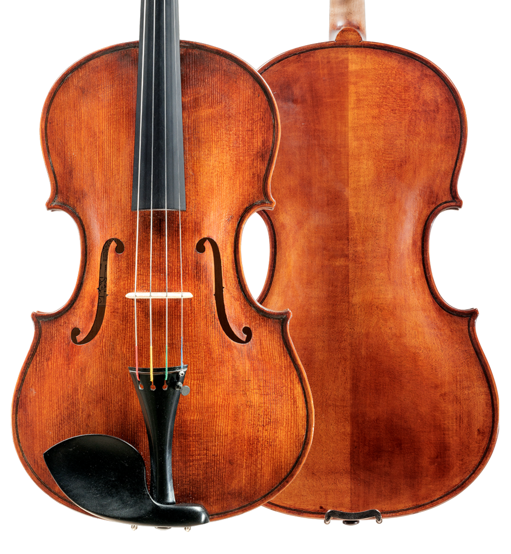 A violin with a black tailpiece, chin rest, and fingerboard, leaning against a matching wooden back.