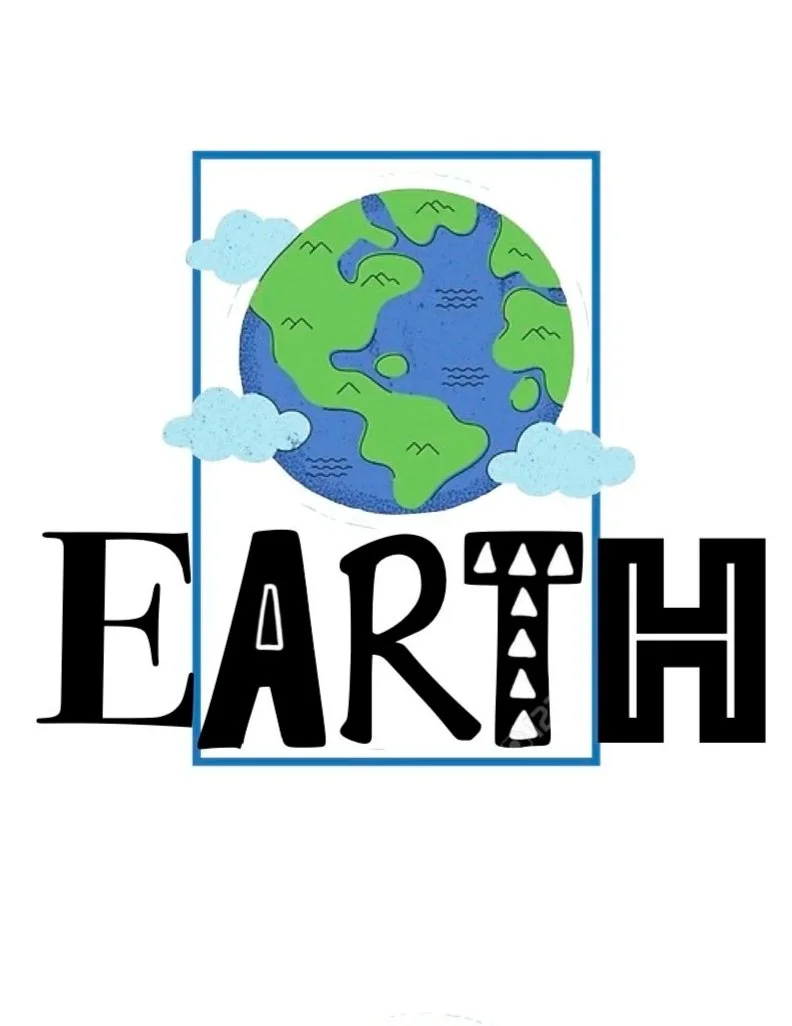 A drawing of the Earth with clouds around it and the word "Earth" beneath it, with creative typography and a blue border.