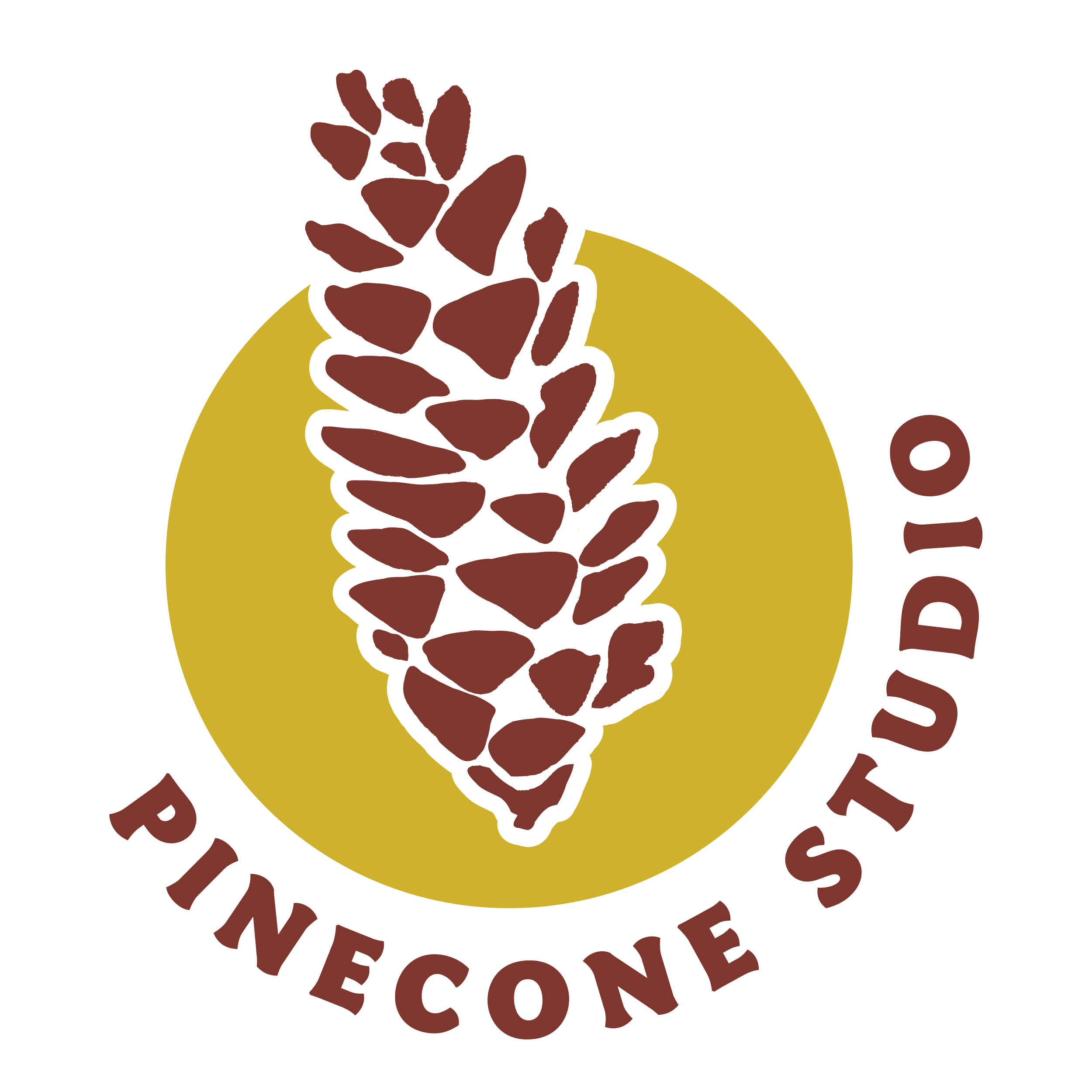 Logo of Pinecone Studio featuring a stylized pinecone over a yellow circle with the words "Pinecone Studio" around it.