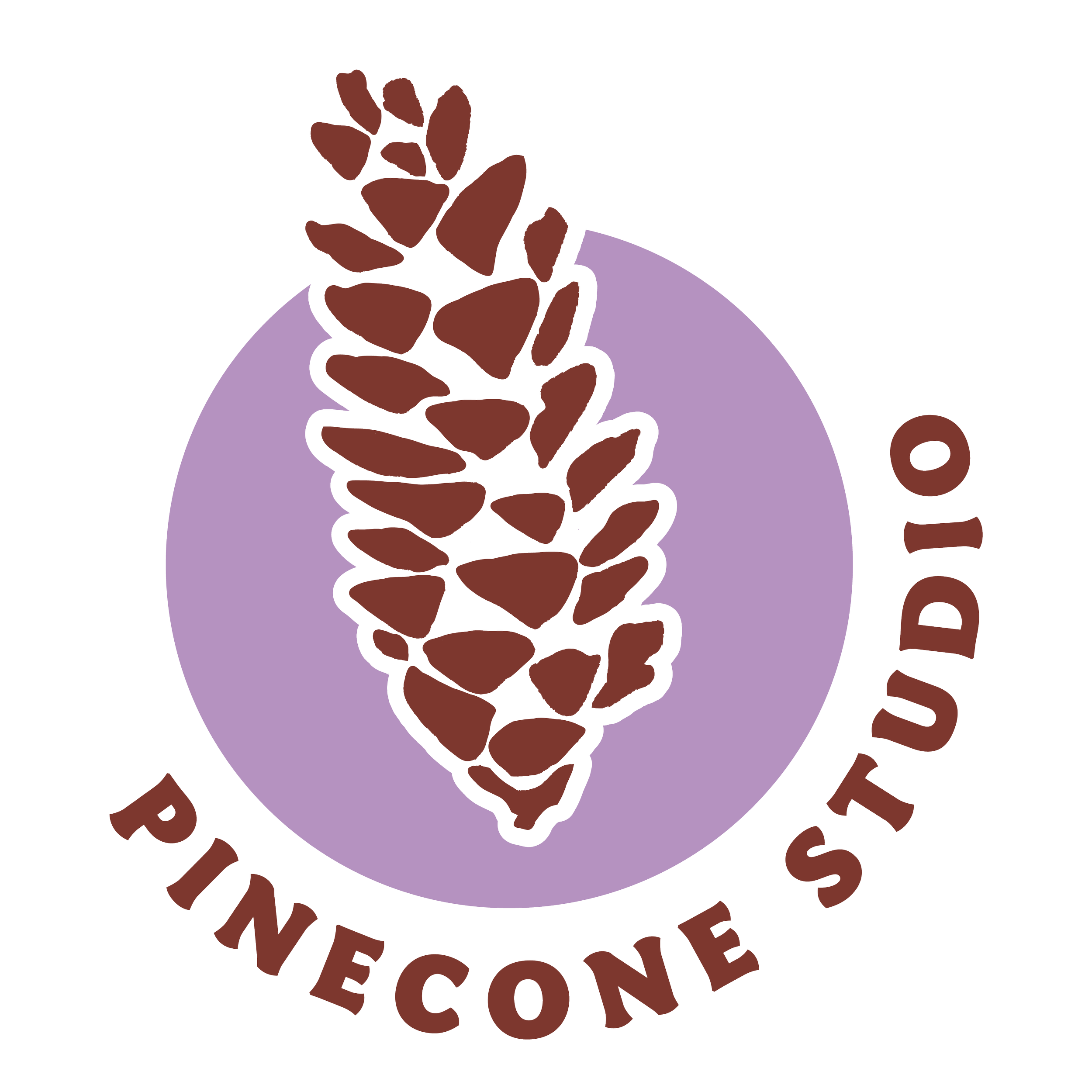 Logo of Pinecone Studio featuring a stylized pine cone illustration inside a purple circle with the text "Pinecone Studio" curved around it.