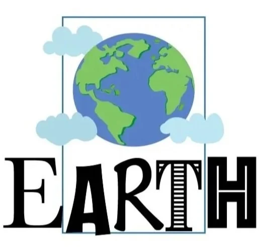 Illustration of the Earth with green continents and blue oceans, surrounded by clouds, with the word "EARTH" below, where the letter "T" is stylized as a ladder.