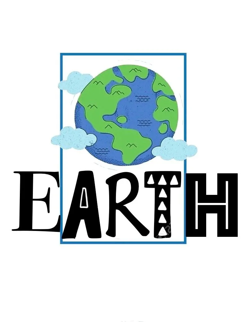 A cartoon illustration of Earth with clouds around it and large black letters spelling "EARTH" underneath, with the letter "T" stylized as a triangle. The word is within a blue rectangular border.