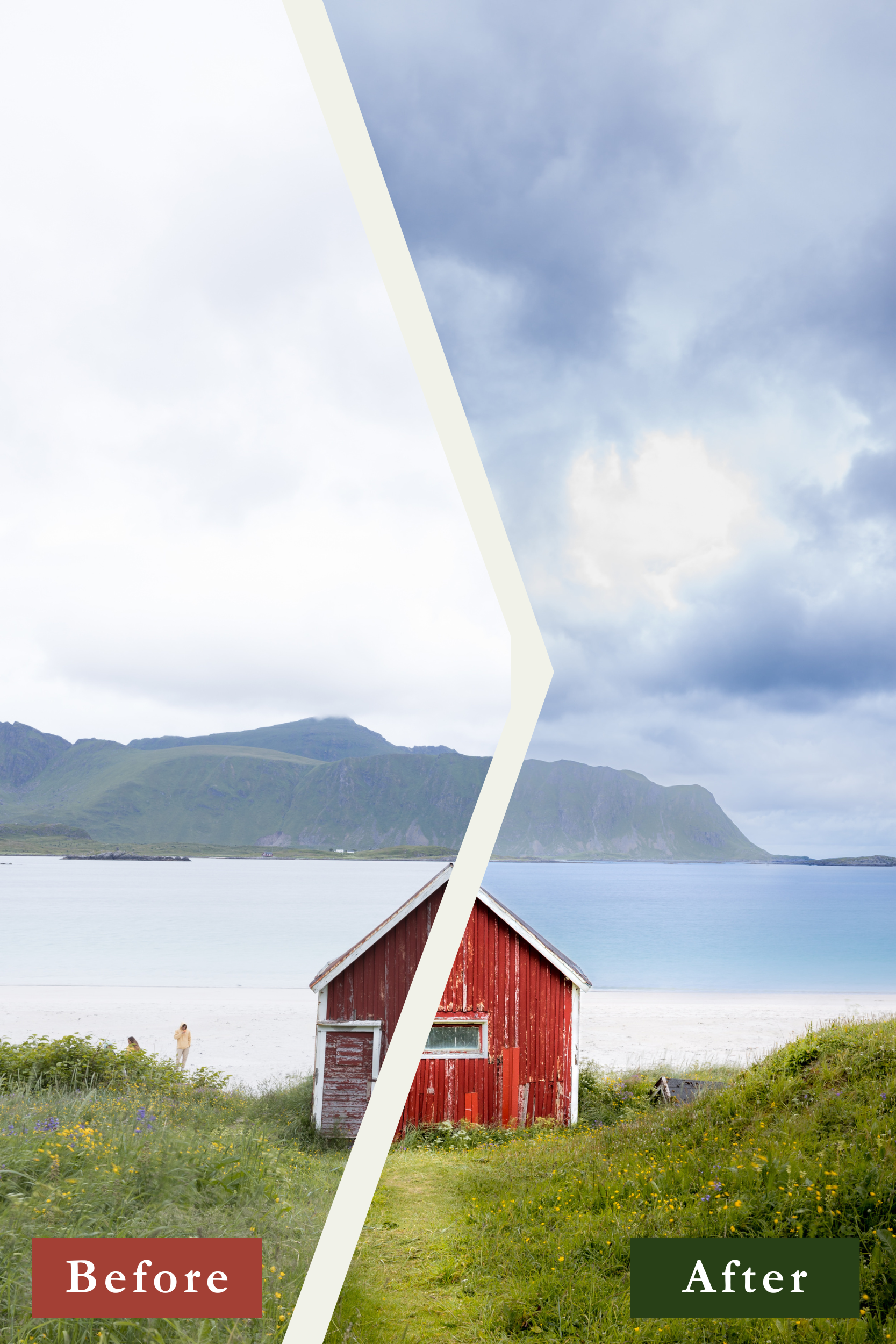 Split image comparison with a red cabin by the sea, showing before and after effects of photo enhancement. The left side in lighter tones shows the pre-edited image, while the right side shows the enhanced image with vibrant colors and improved clarity.