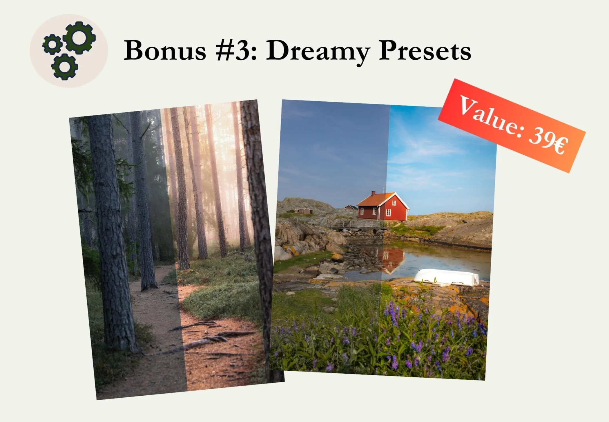 Photo editing presets example with split images showing forest and house scene before and after effects, titled 'Bonus #3: Dreamy Presets,' valued at 39 euros.