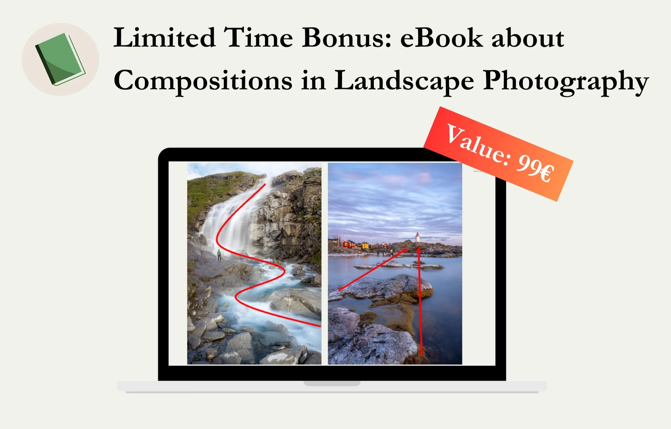 Promotion for an eBook on landscape photography compositions with images of a waterfall and lighthouse on a laptop screen.