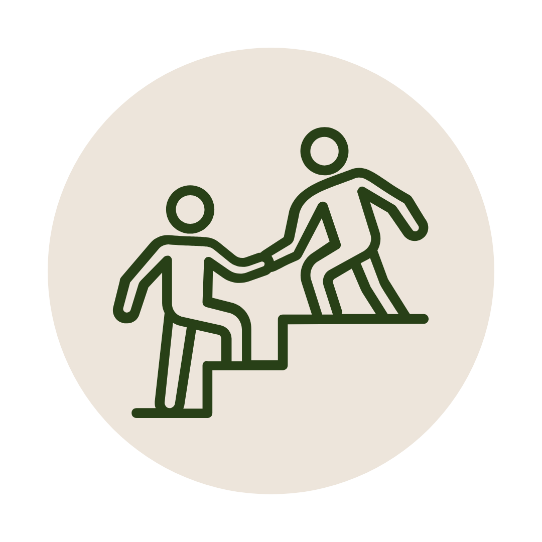 Icon of two stick figures on stairs, one helping the other up in a beige circle background.
